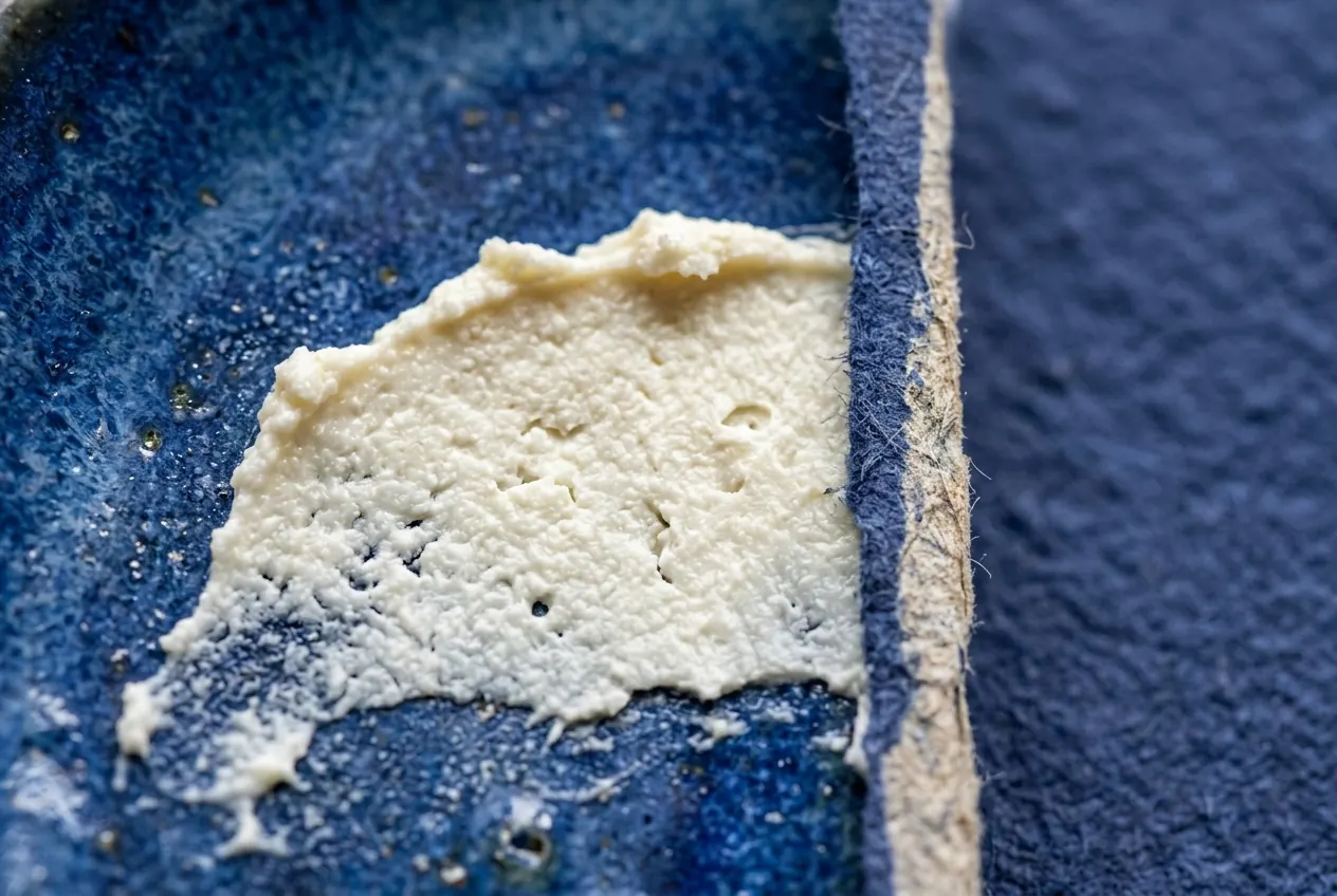 A small spread of cream on ceramic beside cobalt paper