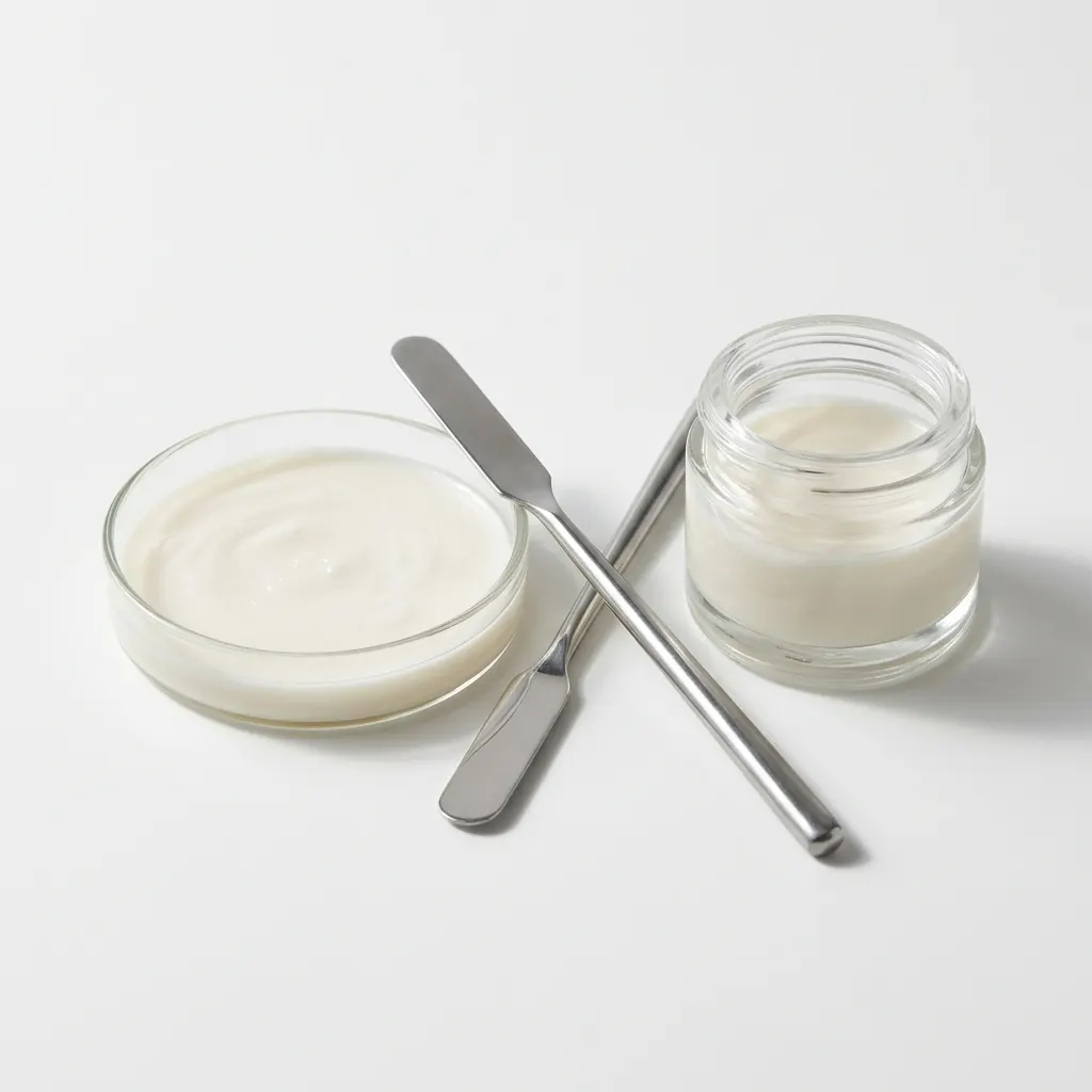 Simple glass sample jar and stainless skincare tool on white